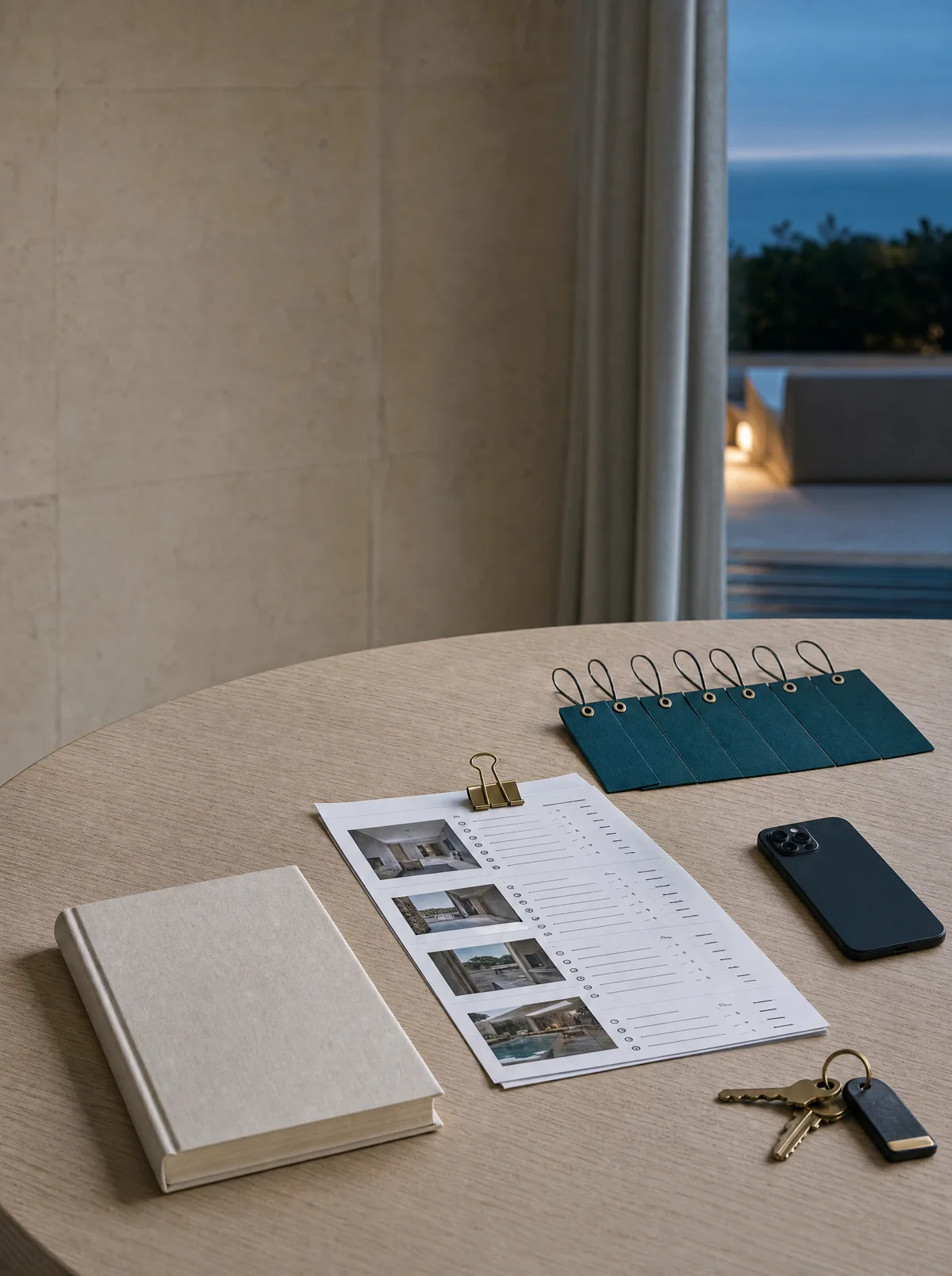 Blank StayTurn-style evidence dossier arranged on a pale-oak table