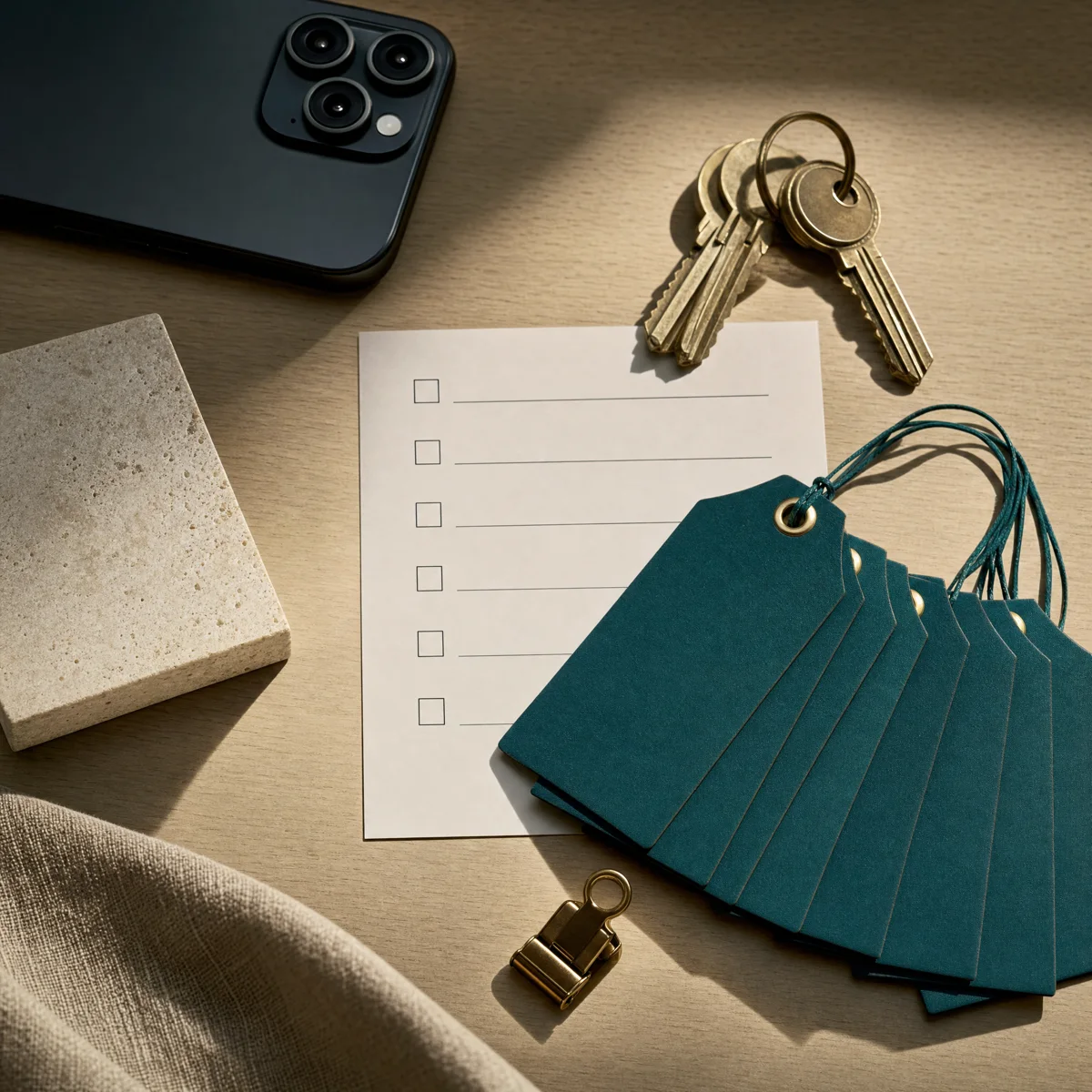 Blank checklist, unbranded keys, and teal evidence tags on a pale-oak table