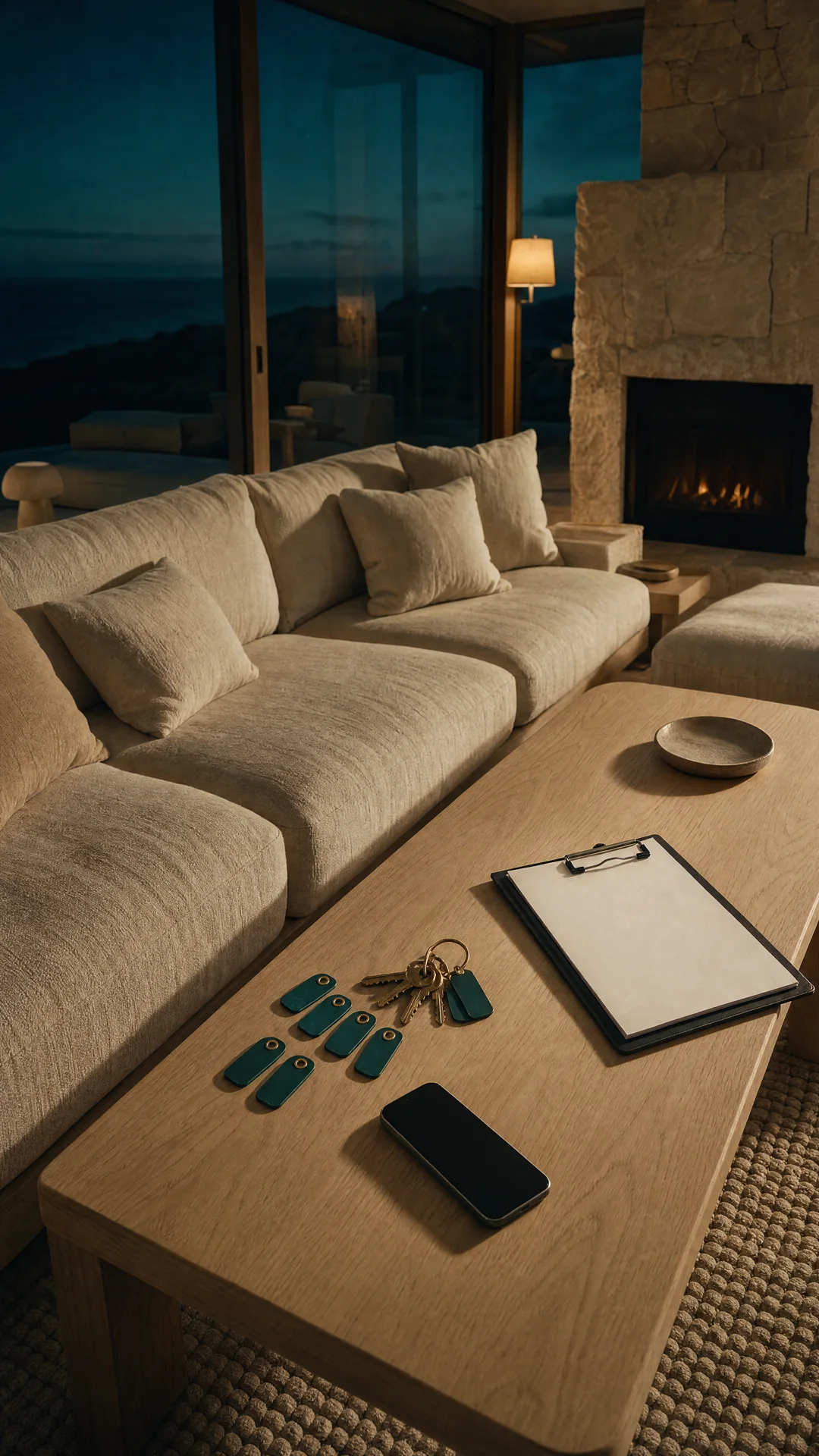Pale-oak evidence table in a fictional blue-hour villa
